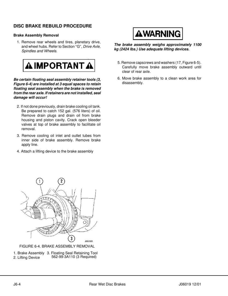 May include: A technical diagram detailing disc brake rebuild procedures. The image includes text instructions, diagrams, and warnings about the process. It also shows a brake assembly and related components, with measurements in pounds and gallons.