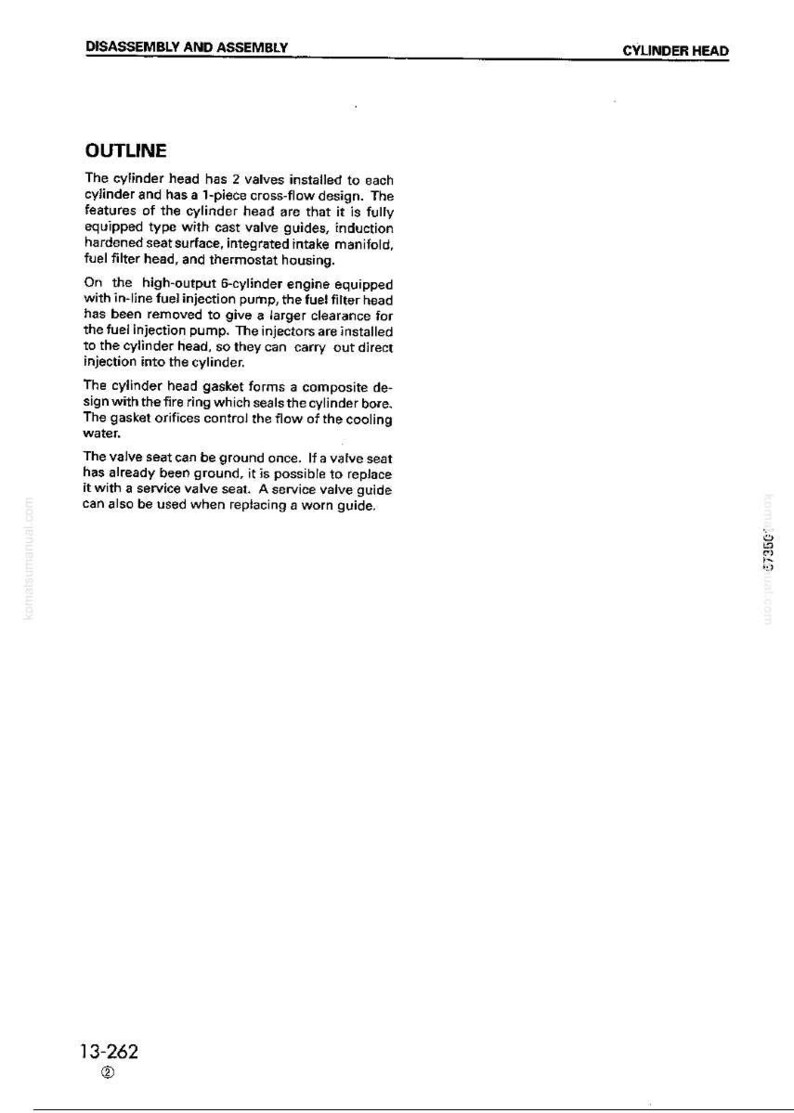 May include: A page from a manual titled "Disassembly and Assembly" with the heading "Cylinder Head." The text describes cylinder head features, including valve guides, intake manifold, and fuel filter head. The page also includes the number 13-262.