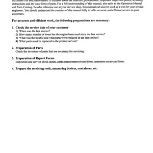 May include: A service manual with the title "FOREWORD" detailing procedures for servicing and maintaining Yanmar 6CXM-GTE/GTE2 engines. The manual outlines necessary preparations, including checking service dates and preparing parts and report forms.