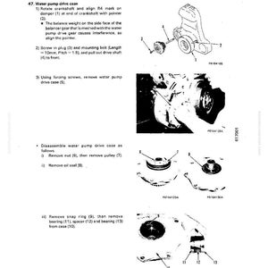 K&ouml;nnte beinhalten: Eine technische Zeichnung mit Text und Illustrationen, die die Demontage eines Wasserpumpenantriebsgeh&auml;uses detailliert beschreibt. Die Bilder zeigen verschiedene Komponenten, darunter Muttern, Riemenscheiben und Lager, mit Beschriftungen und Ma&szlig;en.