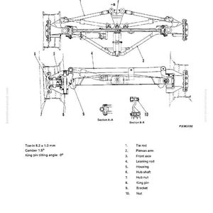 Op de afbeelding: Technische tekening van een vooras, met onderdelen zoals de stuurstang, pitmanarm en naafas. Inclusief metingen in mm voor sporing, camber en kingpin kantelhoek. Gedetailleerde technische illustratie.
