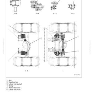 May include: Diagram of a suspension system, labeled with parts such as the arm, equalizer bar, lateral rod, and spring. The diagram includes multiple views, labeled A-A, B-B, C-C, D-D, E-E, and Z, with the text "STRUCTURE, FUNCTION AND MAINTENANCE STANDARD" and "SUSPENSHION".