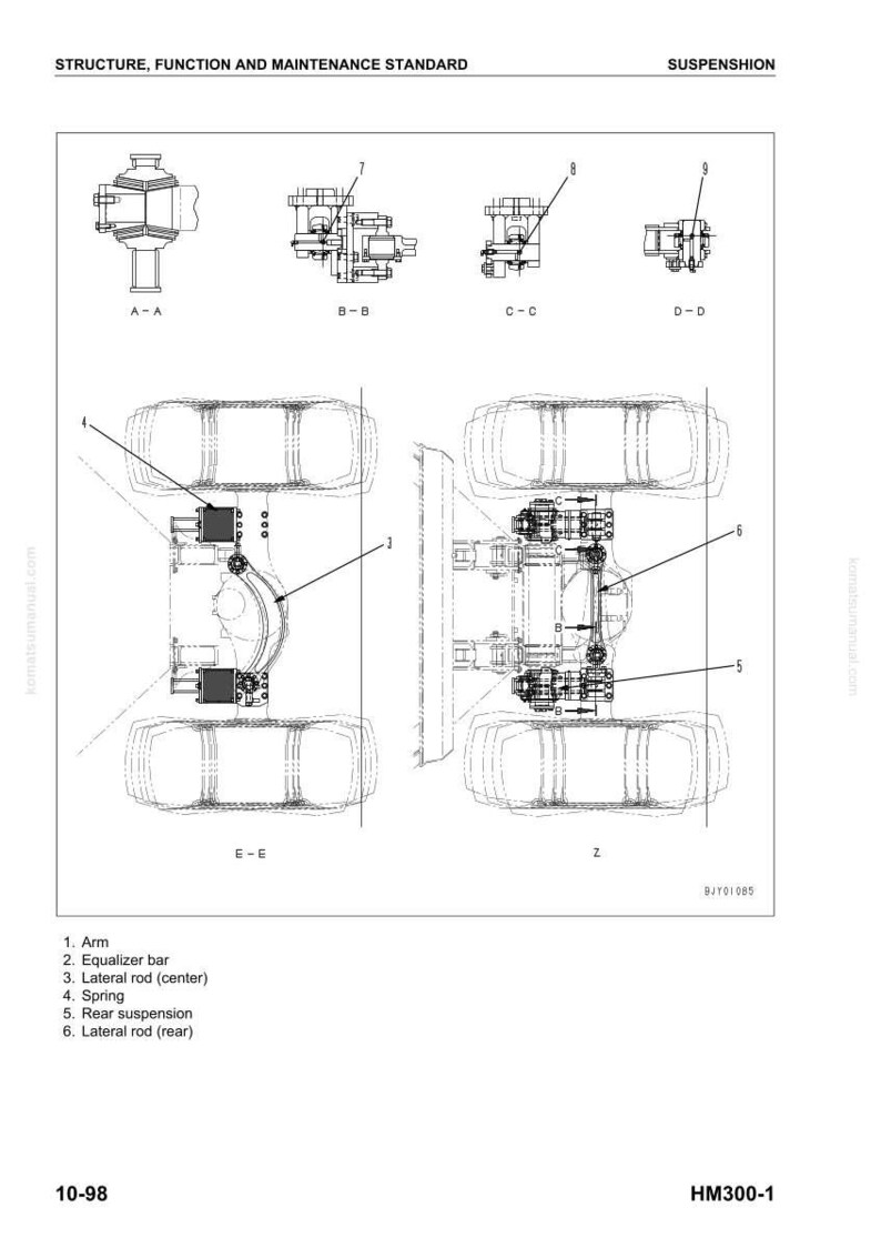 May include: Diagram of a suspension system, labeled with parts such as the arm, equalizer bar, lateral rod, and spring. The diagram includes multiple views, labeled A-A, B-B, C-C, D-D, E-E, and Z, with the text "STRUCTURE, FUNCTION AND MAINTENANCE STANDARD" and "SUSPENSHION".