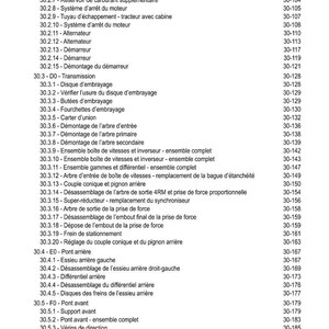 May include: A French-language table of contents, headed "TABLE DES MATI&Egrave;RES", detailing automotive parts with page numbers. The document is likely a technical manual, covering engine, transmission, and axle components, providing a structured overview.