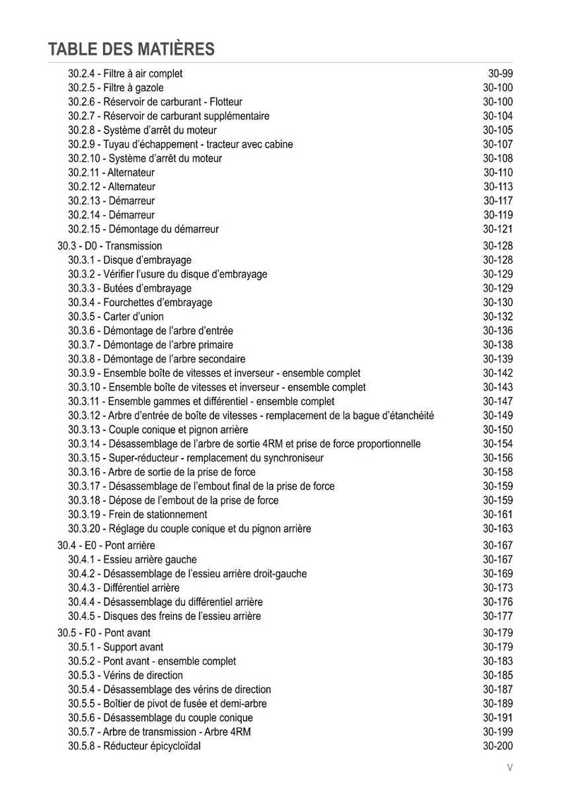 May include: A French-language table of contents, headed "TABLE DES MATI&Egrave;RES", detailing automotive parts with page numbers. The document is likely a technical manual, covering engine, transmission, and axle components, providing a structured overview.