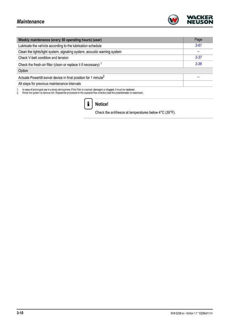 May include: A page from a Wacker Neuson maintenance manual. The document lists weekly maintenance tasks, including lubrication, cleaning lights, and checking the V-belt. It also includes a notice about checking antifreeze below 4&deg;C (39&deg;F).