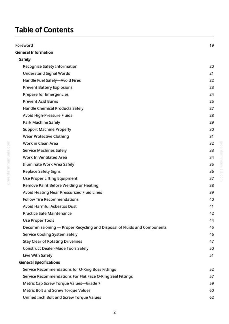 Pode incluir: Tabela de conte&uacute;dos a preto e branco de um manual. A tabela lista informa&ccedil;&otilde;es de seguran&ccedil;a, incluindo manuseio de combust&iacute;vel, preven&ccedil;&atilde;o de explos&otilde;es e evita&ccedil;&atilde;o de amianto. Os n&uacute;meros das p&aacute;ginas est&atilde;o &agrave; direita.
