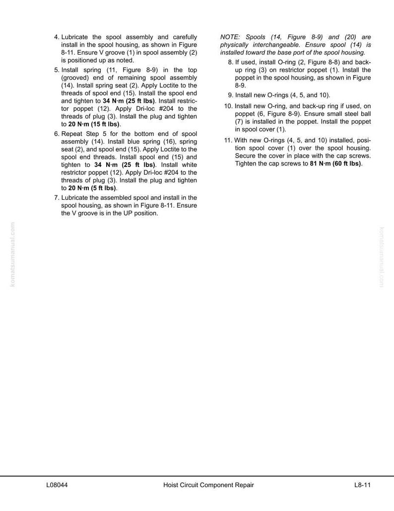 May include: A detailed technical diagram with instructions for hoist circuit component repair. The text includes steps for lubricating and installing spool assemblies, springs, and O-rings, with torque specifications in foot-pounds.