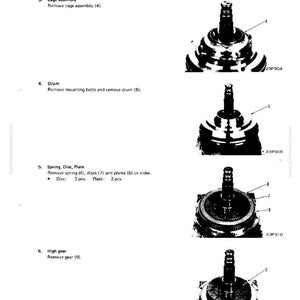 May include: Diagram of a Hydrashift transmission disassembly, featuring detailed illustrations of cage assembly, drum removal, spring, disc, plate components, and high gear removal. The image includes labels and part numbers for each step.