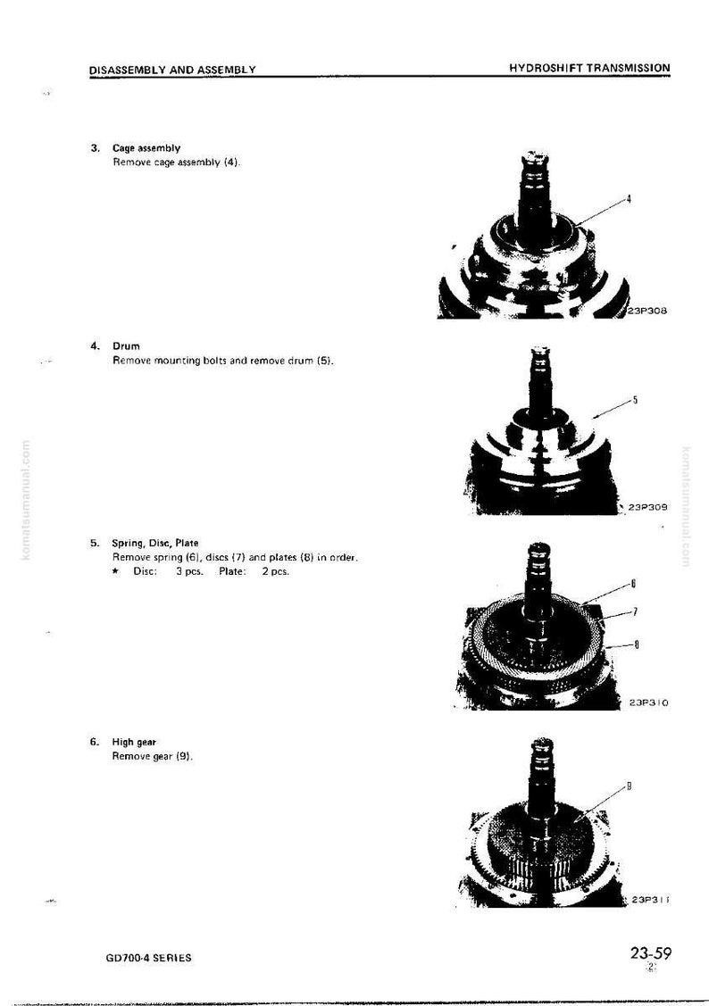 May include: Diagram of a Hydrashift transmission disassembly, featuring detailed illustrations of cage assembly, drum removal, spring, disc, plate components, and high gear removal. The image includes labels and part numbers for each step.