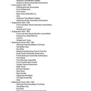 May include: A detailed list of automotive wiring diagrams and schematics, including drive systems, suspension, and steering components. The text is organized into bullet points, covering various parts like axles, calipers, and shock absorbers.