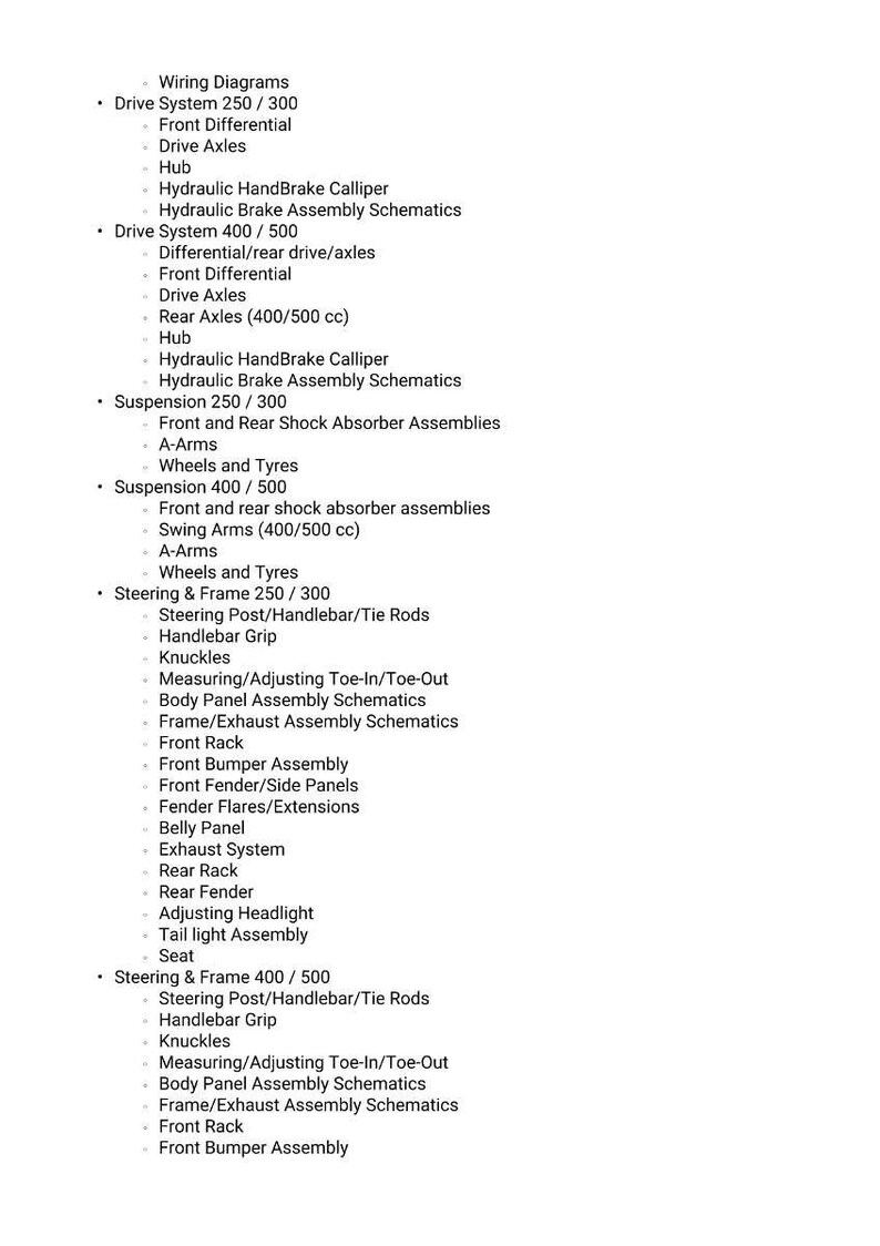 May include: A detailed list of automotive wiring diagrams and schematics, including drive systems, suspension, and steering components. The text is organized into bullet points, covering various parts like axles, calipers, and shock absorbers.
