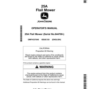May include: A white operator's manual for a 25A Flail Mower, featuring the John Deere logo. The manual includes warnings about diesel engine exhaust and gasoline engine exhaust.