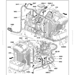 K&ouml;nnte beinhalten: Detaillierte Diagramm eines Motor-Kabelbaums f&uuml;r Kabinentraktoren, mit Beschriftungen f&uuml;r Komponenten wie X450, X547 und X844-1. Der Text im Bild lautet: "Entfernen und Installieren des Kabelbaums W02 - Motorkabelbaum (Kabinentraktoren)".