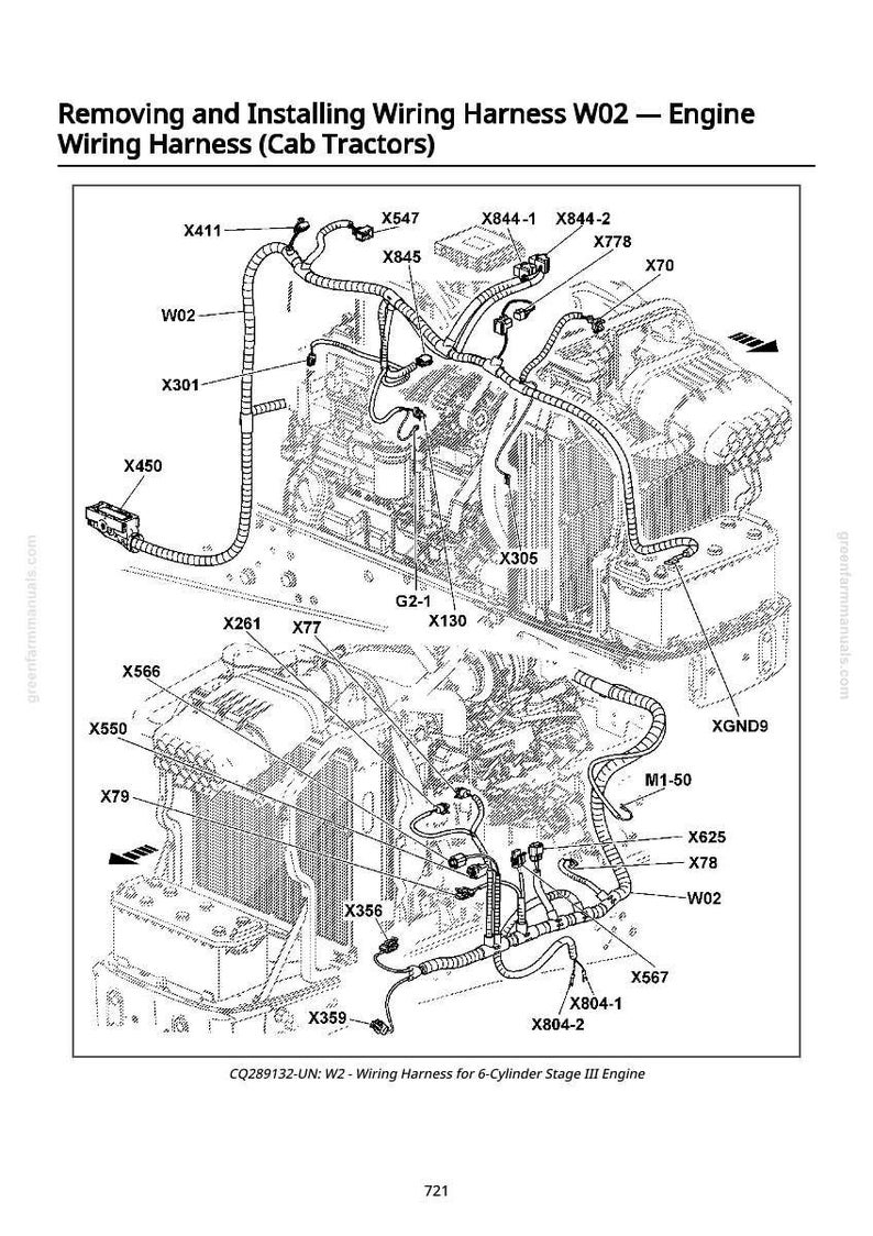 K&ouml;nnte beinhalten: Detaillierte Diagramm eines Motor-Kabelbaums f&uuml;r Kabinentraktoren, mit Beschriftungen f&uuml;r Komponenten wie X450, X547 und X844-1. Der Text im Bild lautet: "Entfernen und Installieren des Kabelbaums W02 - Motorkabelbaum (Kabinentraktoren)".