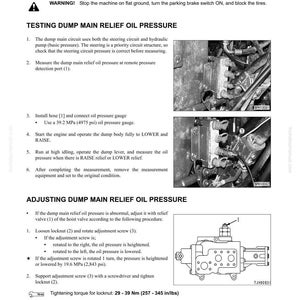 May include: A technical manual page with instructions for testing and adjusting dump circuit pressure. The page includes diagrams, warnings, and step-by-step procedures for maintenance and repair of heavy machinery.