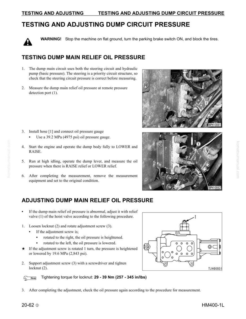 May include: A technical manual page with instructions for testing and adjusting dump circuit pressure. The page includes diagrams, warnings, and step-by-step procedures for maintenance and repair of heavy machinery.