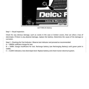K&ouml;nnte beinhalten: Abbildung einer Batterie-Testanleitung mit Text in Englisch und Portugiesisch. Das Delco F-Logo ist sichtbar. Anweisungen umfassen Sichtpr&uuml;fung und &Uuml;berpr&uuml;fung der Anzeige.