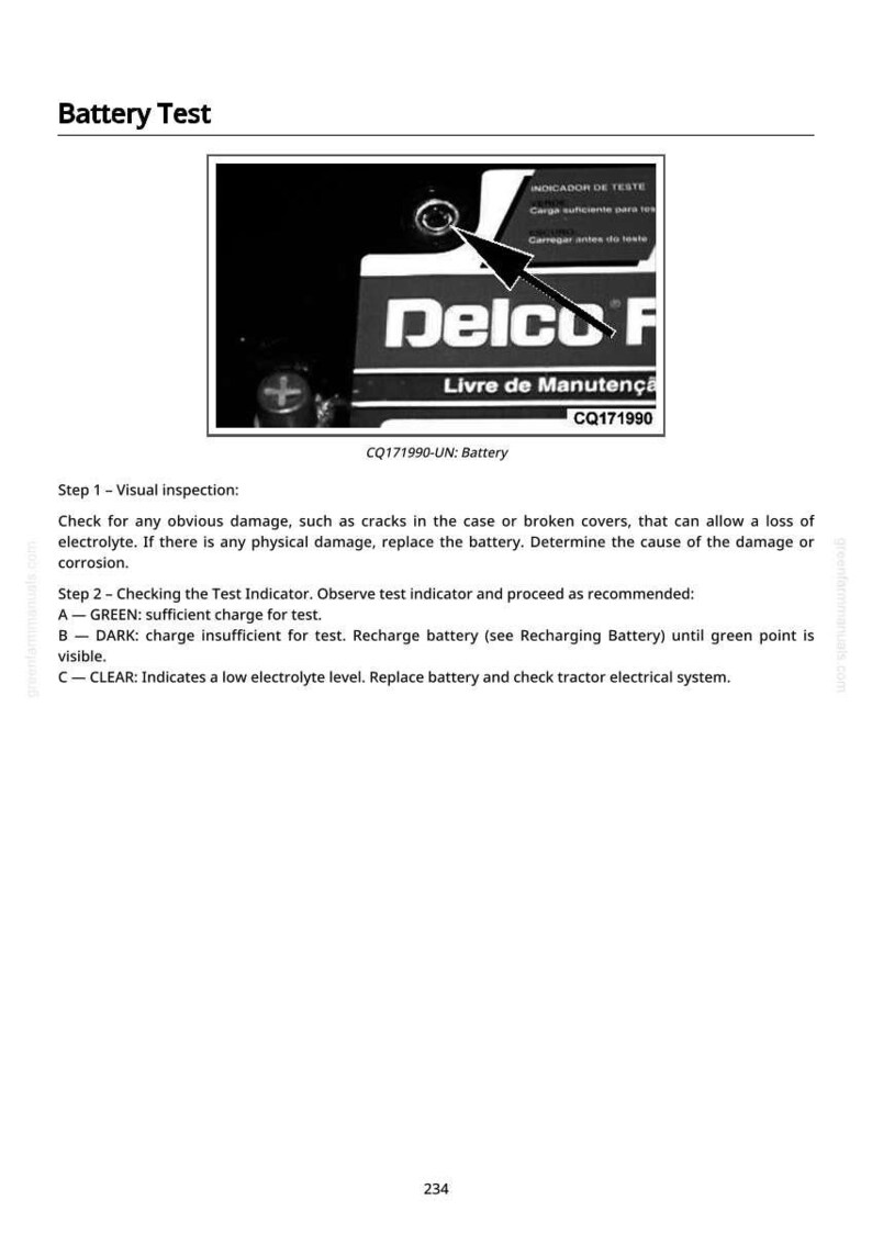 K&ouml;nnte beinhalten: Abbildung einer Batterie-Testanleitung mit Text in Englisch und Portugiesisch. Das Delco F-Logo ist sichtbar. Anweisungen umfassen Sichtpr&uuml;fung und &Uuml;berpr&uuml;fung der Anzeige.