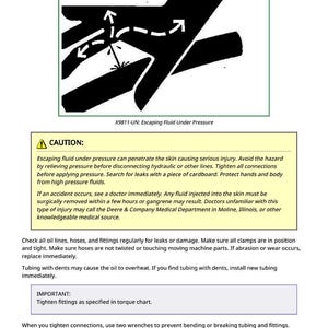 May include: Diagram illustrating oil lines and fittings with arrows indicating fluid flow and potential hazards. Includes a caution about escaping fluid under pressure and safety instructions. Text: Check Oil Lines And Fittings.