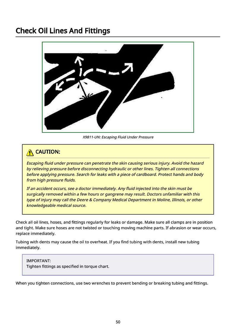 May include: Diagram illustrating oil lines and fittings with arrows indicating fluid flow and potential hazards. Includes a caution about escaping fluid under pressure and safety instructions. Text: Check Oil Lines And Fittings.