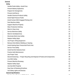 May include: A white page with a table of contents from a manual. The headings include "Safety" and "General Specifications." The page numbers are visible on the right side. The text is in black.