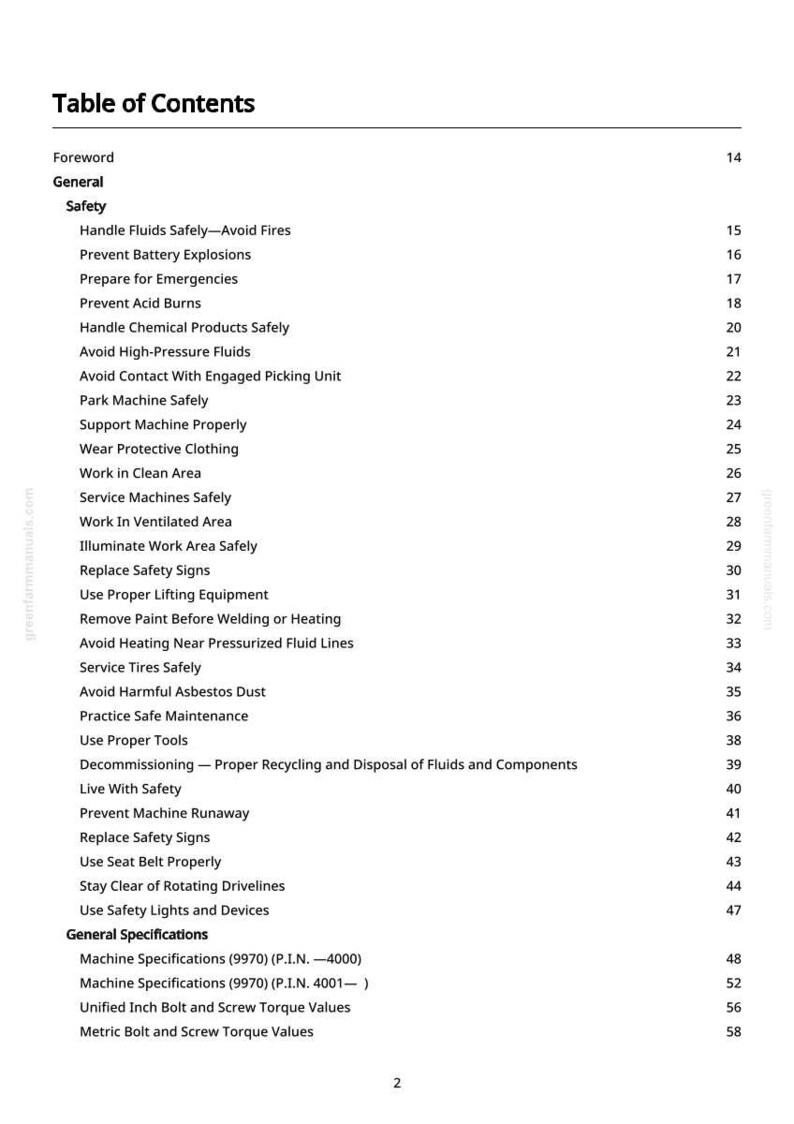 May include: A white page with a table of contents from a manual. The headings include "Safety" and "General Specifications." The page numbers are visible on the right side. The text is in black.