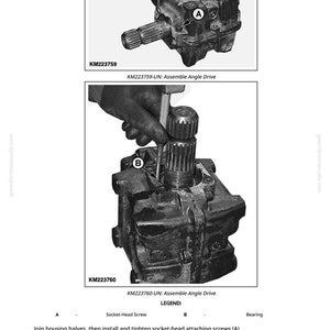 May include: Diagrams of an angle drive assembly process. The image shows two detailed illustrations of mechanical components, labeled with part numbers and assembly instructions. The text includes labels for socket-head screws and bearings, with steps for installation.