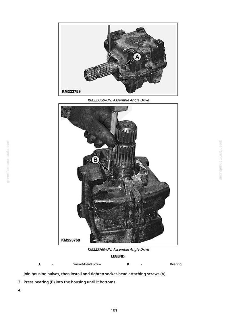 May include: Diagrams of an angle drive assembly process. The image shows two detailed illustrations of mechanical components, labeled with part numbers and assembly instructions. The text includes labels for socket-head screws and bearings, with steps for installation.