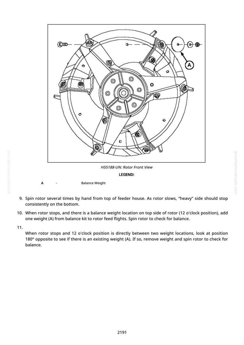 May include: Line drawing of a rotor front view, labeled H55188-UN. The image includes a diagram of the rotor with a balance weight and instructions for balancing. The text includes the legend and instructions for balancing the rotor.