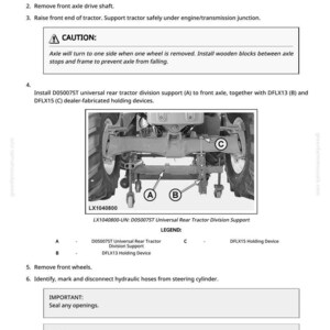 May include: A detailed diagram from a manual showing the process of removing and installing a front axle on a tractor. The image includes text instructions, diagrams, and labels for each step, including safety precautions.