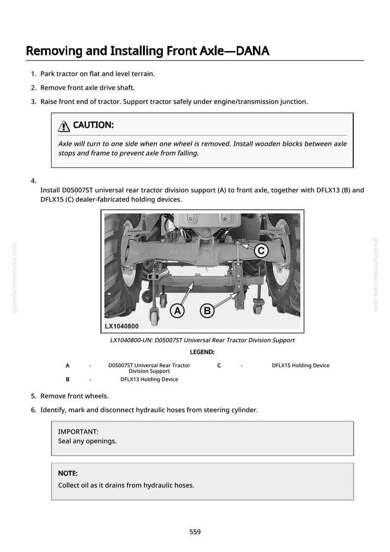 May include: A detailed diagram from a manual showing the process of removing and installing a front axle on a tractor. The image includes text instructions, diagrams, and labels for each step, including safety precautions.