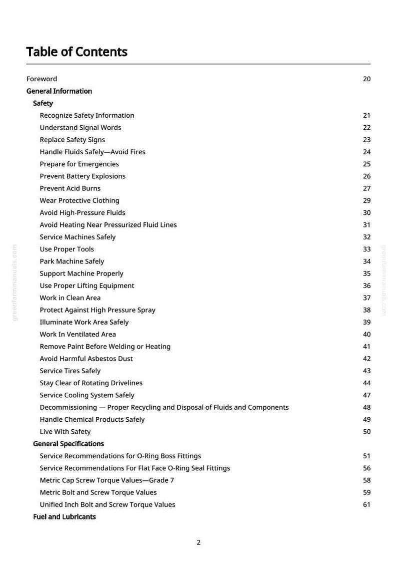 May include: A white page with a black text table of contents. The table lists safety information, including topics like handling fluids, preventing explosions, and wearing protective clothing. The page number is 2.