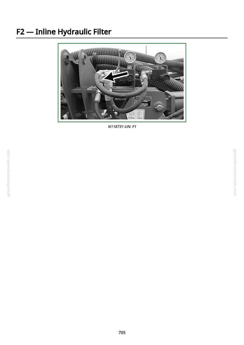 May include: Image of an inline hydraulic filter assembly. The assembly includes gauges, hoses, and a filter housing. The text "F2 - Inline Hydraulic Filter" is at the top. The text "N118731-UN: F1" is at the bottom.