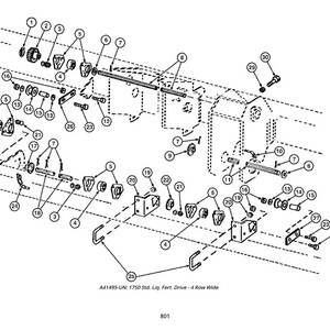 May include: Detailed black and white diagram of mechanical parts, including bolts, brackets, and rods. The diagram is labeled with numbers and includes text at the bottom: A41495-UN: 1750 Std. Liq. Fert. Drive - 4 Row Wide.