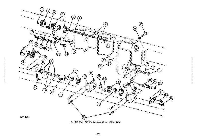 May include: Detailed black and white diagram of mechanical parts, including bolts, brackets, and rods. The diagram is labeled with numbers and includes text at the bottom: A41495-UN: 1750 Std. Liq. Fert. Drive - 4 Row Wide.