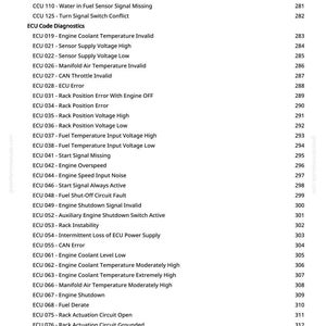 K&ouml;nnte beinhalten: Eine wei&szlig;e Seite mit schwarzem Text, der ECU-Diagnosecodes und die zugeh&ouml;rigen Nummern auflistet. Die Codes umfassen Motor-, Kraftstoff- und Sensorprobleme, wie z. B. "Motork&uuml;hlmitteltemperatur ung&uuml;ltig" und "Kraftstoffabschaltung".