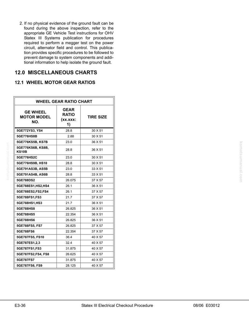 May include: A page from a manual titled "Statex III Electrical Checkout Procedure" with a wheel motor gear ratio chart. The chart lists model numbers, gear ratios, and tire sizes. Text includes "Miscellaneous Charts" and "GE Wheel Motor Model No."