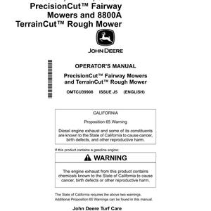 Puede incluir: Manual del operador blanco para cortac&eacute;spedes John Deere PrecisionCut Fairway y TerrainCut Rough. El manual incluye advertencias sobre los gases de escape del motor.