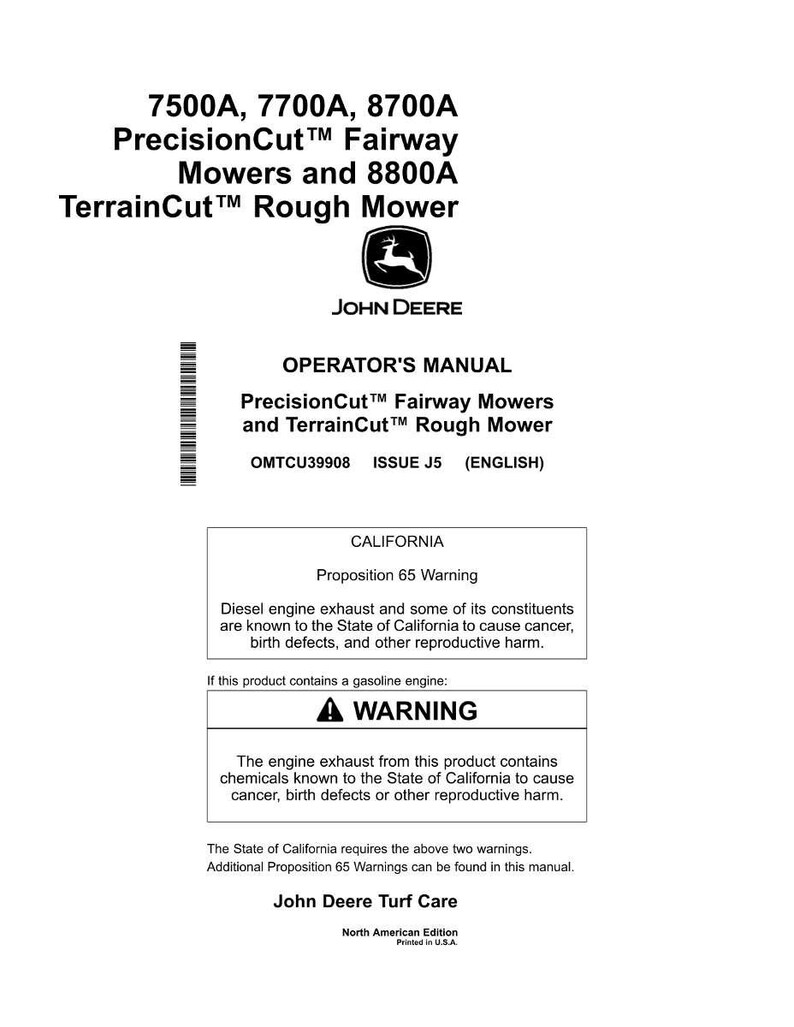 Puede incluir: Manual del operador blanco para cortac&eacute;spedes John Deere PrecisionCut Fairway y TerrainCut Rough. El manual incluye advertencias sobre los gases de escape del motor.