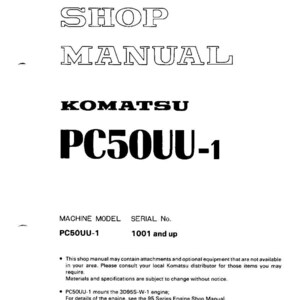 Pode incluir: Um manual de oficina branco com o texto "SHOP MANUAL" em negrito e sublinhado. O manual &eacute; para uma m&aacute;quina Komatsu PC50UU-1. O texto adicional inclui o modelo da m&aacute;quina, o n&uacute;mero de s&eacute;rie e outros detalhes t&eacute;cnicos.