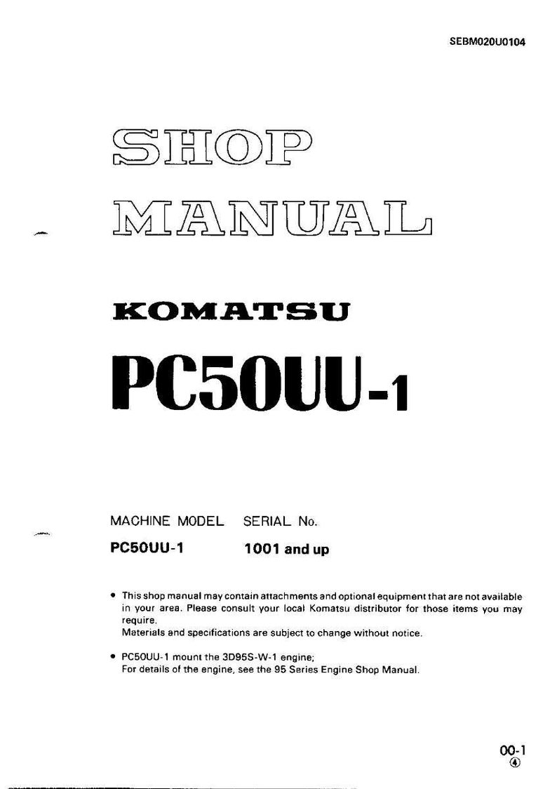 Pode incluir: Um manual de oficina branco com o texto "SHOP MANUAL" em negrito e sublinhado. O manual &eacute; para uma m&aacute;quina Komatsu PC50UU-1. O texto adicional inclui o modelo da m&aacute;quina, o n&uacute;mero de s&eacute;rie e outros detalhes t&eacute;cnicos.