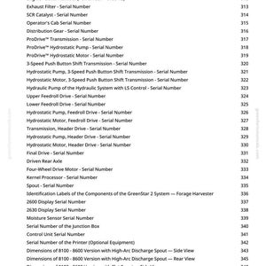 Puede incluir: Una p&aacute;gina de documento blanca con una lista de n&uacute;meros de serie y descripciones de componentes de maquinaria agr&iacute;cola. El texto incluye n&uacute;meros de serie de motor, componentes de transmisi&oacute;n y n&uacute;meros de serie de pantalla. La p&aacute;gina tambi&eacute;n enumera dimensiones y tipos de motor.