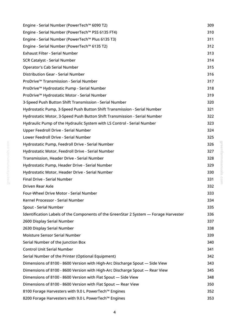 Puede incluir: Una p&aacute;gina de documento blanca con una lista de n&uacute;meros de serie y descripciones de componentes de maquinaria agr&iacute;cola. El texto incluye n&uacute;meros de serie de motor, componentes de transmisi&oacute;n y n&uacute;meros de serie de pantalla. La p&aacute;gina tambi&eacute;n enumera dimensiones y tipos de motor.
