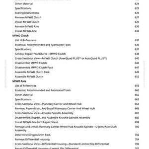May include: A detailed table of contents from a manual, listing procedures for MFWD Drive Systems, including component removal, installation, and repair. The text is in black on a white background, with page numbers.
