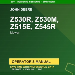 K&ouml;nnte beinhalten: Ein digitales Dokumentcover in Gr&uuml;n und Gelb f&uuml;r John Deere Rasenm&auml;her. Es zeigt die Modellnummern Z530R, Z530M, Z515E und Z545R. Der Text "OPERATOR'S MANUAL" befindet sich in einem gelben Feld mit Details.