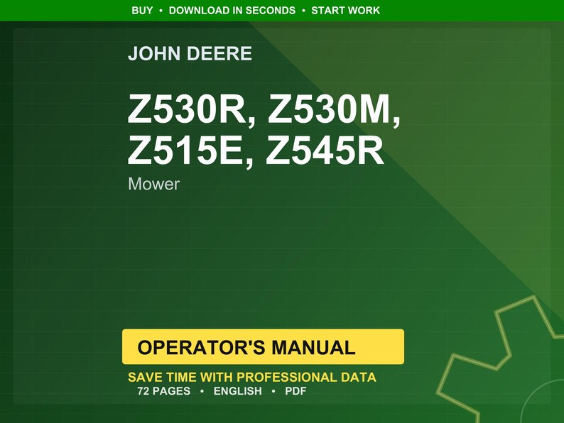 K&ouml;nnte beinhalten: Ein digitales Dokumentcover in Gr&uuml;n und Gelb f&uuml;r John Deere Rasenm&auml;her. Es zeigt die Modellnummern Z530R, Z530M, Z515E und Z545R. Der Text "OPERATOR'S MANUAL" befindet sich in einem gelben Feld mit Details.