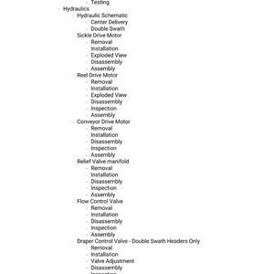 May include: A white document with a list of technical terms and procedures related to machinery maintenance. The text includes terms like "Removal," "Installation," and "Assembly," along with component names such as "Sickle Drive Motor" and "Flow Control Valve."