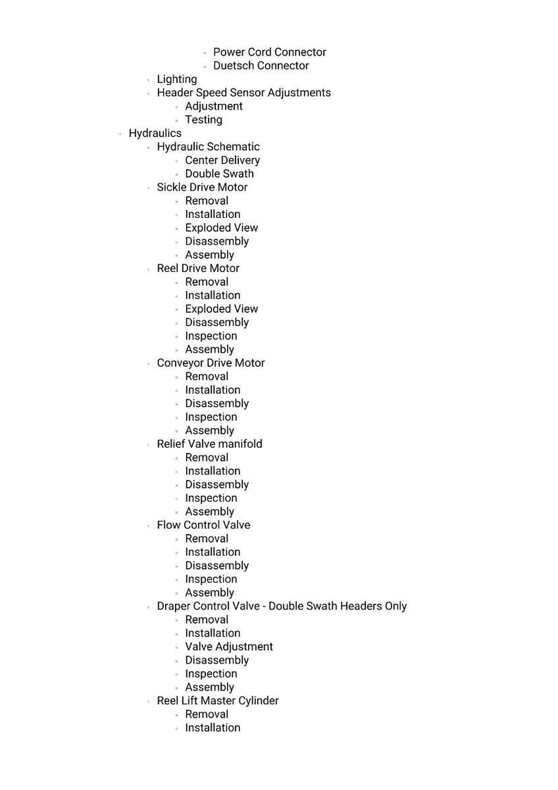 May include: A white document with a list of technical terms and procedures related to machinery maintenance. The text includes terms like "Removal," "Installation," and "Assembly," along with component names such as "Sickle Drive Motor" and "Flow Control Valve."