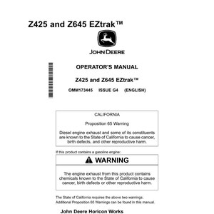 May include: A white Operator's Manual for Z425 and Z645 EZtrak&trade; mowers, with the John Deere logo. The manual contains a Proposition 65 warning about diesel and gasoline engine exhaust.